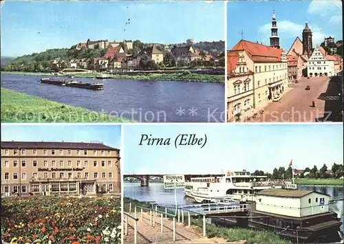 Pirna Uferpartie an der Elbe Markt Rathaus Hotel Schwarzer Adler Dampferanlegestelle Kat. Pirna