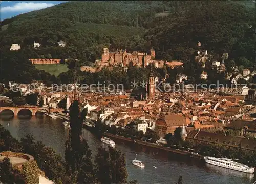 Heidelberg Neckar Blick vom Philosophenweg auf Schloss und Alte Bruecke Kat. Heidelberg