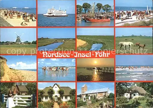 Insel Foehr Strand Fahrgastschiff Fischerboot Steilkueste Bootssteg Badefreuden Kirche Reetdachhaus Kat. Wyk auf Foehr