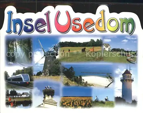 Usedom Windmuehle Pferde Inselbahn Leuchtturm Storchennest Inselhaeuser Kat. Usedom