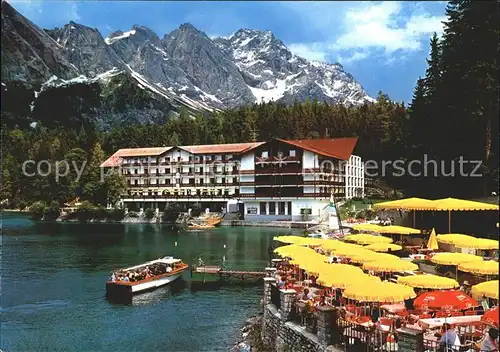 Eibsee Hotel Pavillon Terrasse Anlegestelle Motorboote Zugspitze Kat. Grainau