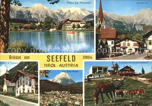 Seefeld Tirol Wildsee gegen Wettersteingebirge Ortspartie Kirche Rosshuette Hermelekopfbahn Pferde Hohe Munde Leutasch Kat. Seefeld in Tirol