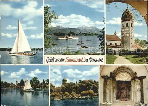 Fraueninsel Chiemsee Segelboot Alpenkette Glockenturm Kloster Portal Kat. Chiemsee