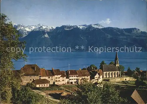 Chexbres Lac Leman et les Alpes de Savoie Kirche Genfersee Alpen Kat. Chexbres