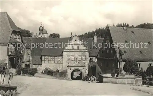 Lauenstein Erzgebirge Markt mit Schloss und Brunnen Kat. Geising