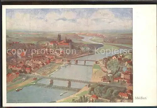 Meissen Elbe Sachsen Stadtbild mit Elbe Bruecken Kuenstlerkarte nach einem Aquarell von O. Renatus Kat. Meissen