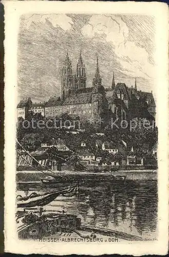 Meissen Elbe Sachsen Albrechtsburg und Dom Original Radierung Kuenstlerkarte Kat. Meissen