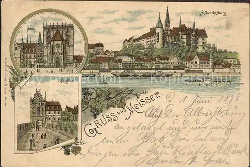 Meissen Elbe Sachsen Dom Albrechtsburg Burgtor Litho Reichspost Kat. Meissen