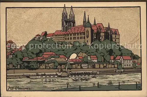 Meissen Elbe Sachsen Albrechtsburg und Dom Kuenstler Steinzeichnung Kat. Meissen