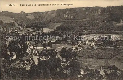 Oybin Panorama Blick nach dem Scharfenstein und Felsengasse Zittauer Gebirge Kat. Kurort Oybin