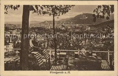 Wernigerode Harz Panorama Blick von Restaurantterrasse zum Schloss Kat. Wernigerode