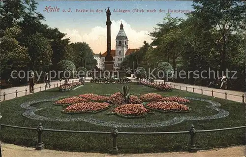 Halle Saale Partie in den Anlagen Blick Hauptpost Kat. Halle