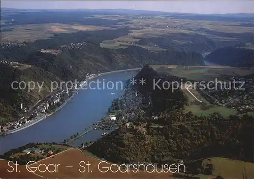 St Goar mit St Goarshausen Burg Rheinfels Burg Katz und Loreley Fliegeraufnahme Kat. Sankt Goar