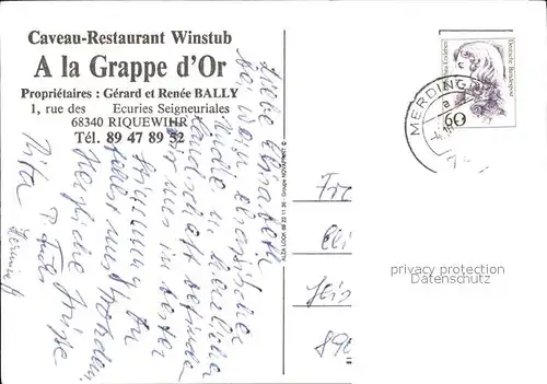 Riquewihr Haut Rhin Caveau Restaurant Winstub A la Grappe d Or Gaststube Kat. Riquewihr