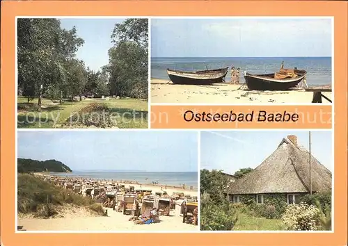 Baabe Ostseebad Ruegen Kurpark Strand Rohrdachhaus Boote am Strand  Kat. Baabe