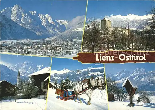 Lienz Tirol Burg Ortsansicht Pferdeschlitten Kirche Marterl Kat. Lienz