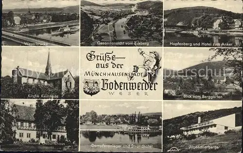 Bodenwerder Weserbruecke Eckberg Hopfenberg Hotel zum Anker Berggarten Kirche Muenchhausen Geburtshaus Dampferanleger Strandhotel Jugendherberge Kat. Bodenwerder