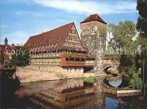 Nuernberg Henkersteg Weinstadel 15. Jhdt. Turm Pegnitz Wasserspiegelung Kat. Nuernberg