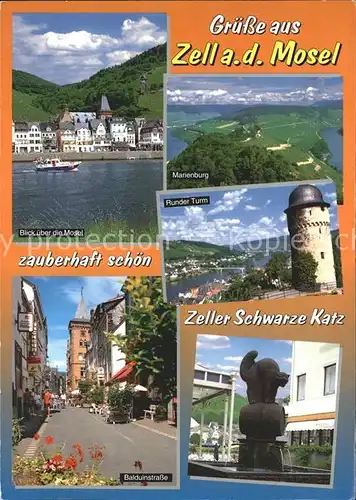 Zell Mosel Uferpartie an der Mosel Marienburg Runder Turm Balduinstrasse Brunnen Kat. Zell (Mosel)