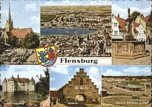 Flensburg Suedermarkt St Nicolaikirche Hafen Muerwick Neptunbrunnen Schloss Gluecksburg Nordertor Deutsch Daenische Grenze Kat. Flensburg