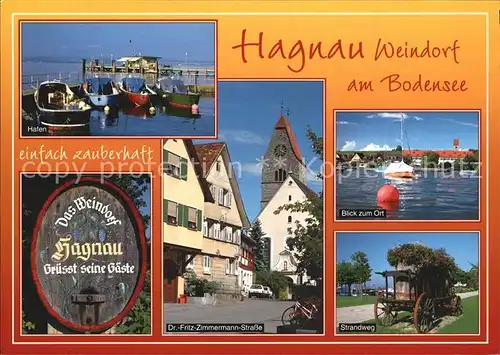 Hagnau Bodensee Hafen Weinfass Dr Fritz Zimmermann Str Kirche Ortsblick Strandweg Kat. Hagnau am Bodensee