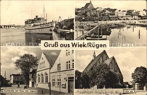 Wiek Ruegen Hafen Kreidebruecke Dorfstrasse mit Haus der Jugend Kirche Kuestermarkt Kat. Wiek