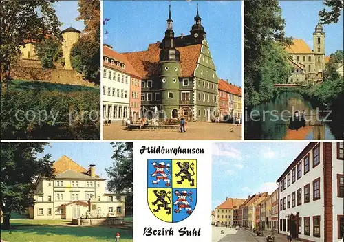 Hildburghausen Stadtmauer Rathaus Friedenspark Stadttheater Marx Engels Platz Wappen Kat. Hildburghausen