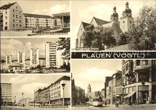 Plauen Vogtland Bahnhofstrasse mit Centralhotel Neubauten im Bahnhofsviertel Punkthaeuser Bahnhoftrasse Hauptkirche St. Johannis Kat. Plauen