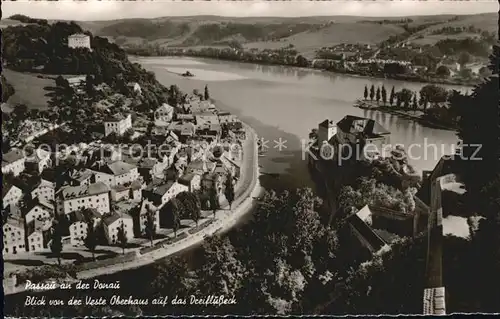 Passau Blick von der Veste Oberhaus auf das Dreiflusseck Donau Inn Ilz Kat. Passau