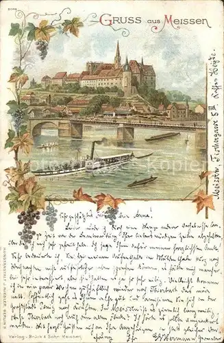 Meissen Elbe Sachsen Elbbruecke Dampfer Burgberg Albrechtsburg Litho Reichspost Kat. Meissen