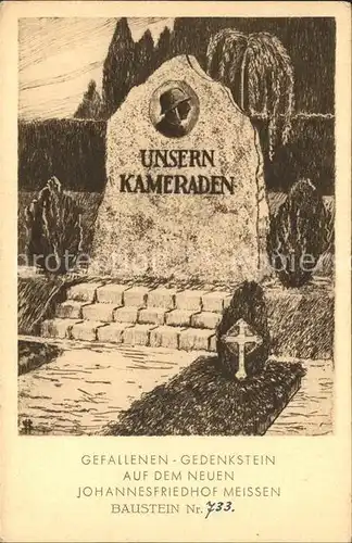 Meissen Elbe Sachsen Gefallenen Gedenkstein Johannesfriedhof Baustein Nr. 733 Kuenstlerkarte Kat. Meissen