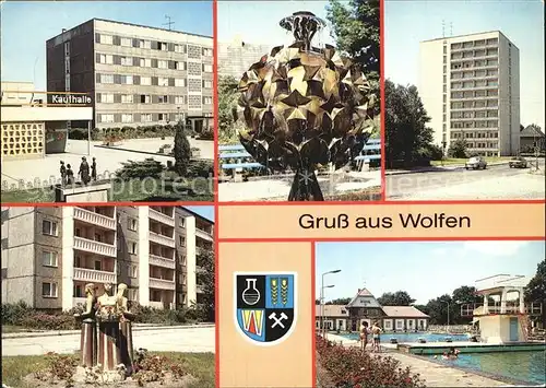 Wolfen Bitterfeld  Kaufhalle Springbrunnen Markt Hochhaus Krondorfer Strasse Freibad Kat. Bitterfeld