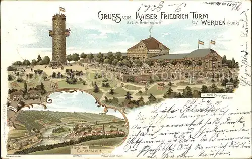 Werden Ruhr Kaiser-Friedrich-Turm Litho Ruhrtal Bahnhof Litho / Essen /Essen Stadtkreis