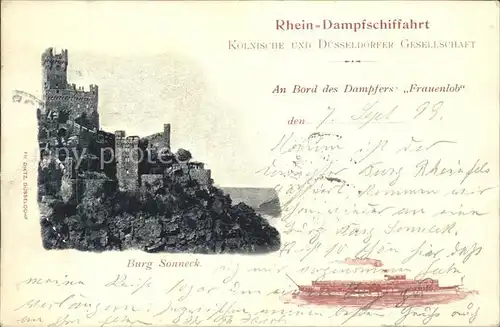 Burg Sonneck Rhein Dampfschiffahrt Koelnische Duesserldorfer Gesellschaft Frauenlob Dampfer Kat. Appenheim