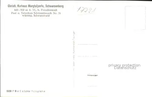 Schwarzenberg Murgtal Christliches Kurhaus Murgtalperle Luftkurort Kat. Baiersbronn