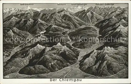 Chiemgau Panoramakarte Gr.Glockner Kaisergebirge Fellhorn Kat. Chiemsee