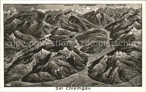 Chiemgau Panoramakarte Gr.Glockner Kaisergebirge Fellhorn Kat. Chiemsee