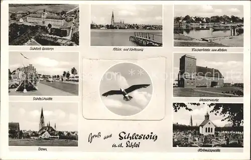 Schleswig Schlei Schloss Gottorp Ortsblick Fischerboote am Holm Schleihalle Wetterwarte Dom Holmkapelle Kat. Erfde