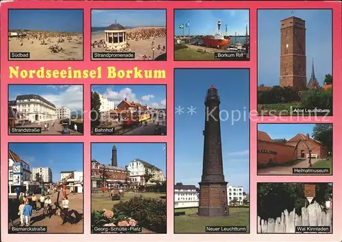 Borkum Nordseebad Suedbad Strandpromenade Borkum Riff Alter und neuer Leuchtturm Bahnhof Heimatmuseum Bismarckstr Wal Kinnladen