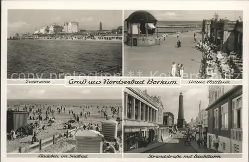 Borkum Nordseebad Panorama Untere Plattform Badeleben Suedbad Strandstr mit Leuchtturm