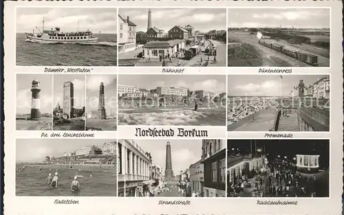 Borkum Nordseebad MS Rheinland Bahnhof Duenenexpress Drei Leuchttuerme Promenade Nordbad Strandstrasse Leuchtturm Nachtaufnahme
