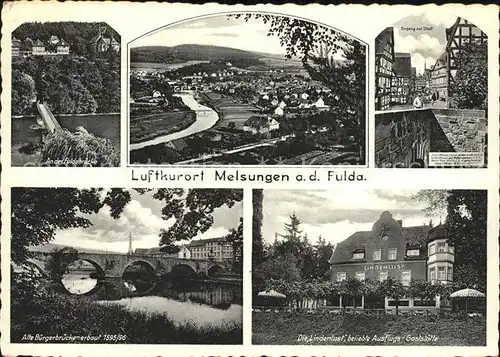 Melsungen Fulda Panorama Fuldabruecke Inschrift Ausflugsgaststaette Lindenlust Alte Buergerbruecke Kat. Melsungen