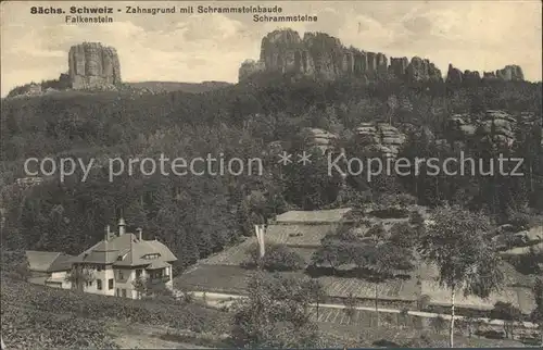 Zahnsgrund mit Schrammsteinbaude Falkenstein Schrammsteine Felsen Elbsandsteingebirge Kat. Bad Schandau