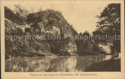 Zschopautal Harrasfelsen mit Koernerkreuz Uferpartie am Fluss Kat. Zschopau