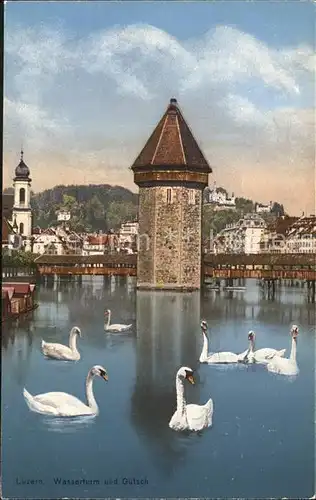 Luzern LU Wasserturm und Guetsch Holzbruecke Schwaene Vierwaldstaettersee Kat. Luzern