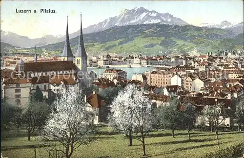 Luzern LU Stadtbild mit Hofkirche Pilatus Voralpen Baumbluete Kat. Luzern