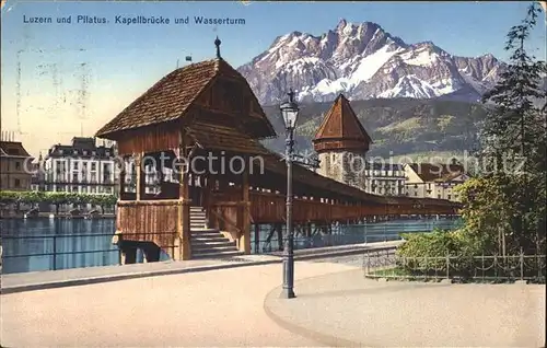 Luzern LU Kapellbruecke Holzbruecke Wahrzeichen Wasserturm Pilatus Kat. Luzern