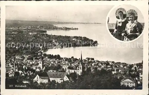 Rorschach Bodensee Fliegeraufnahme mit Frauen in Tracht Kat. Rorschach