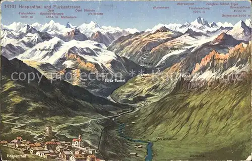 Furkastrasse mit Hospenthal Panoramakarte / Furka /Rg. Gletsch