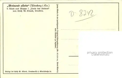 Altenberg Erzgebirge "Weinend allein" 8. Blatt aus Mappe 1 Seele der Heimat Erich W. Eiland Kuenstlerkarte Kat. Geising